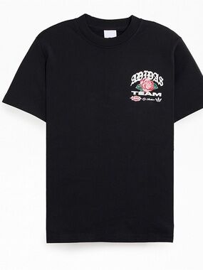 Black Graphic Crewneck T-Shirt with Rose Team Print